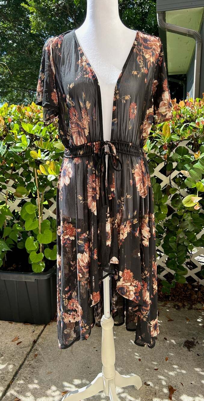 American Rag Black Floral Mesh Kimono Duster Boho Cover Up XL Romantic